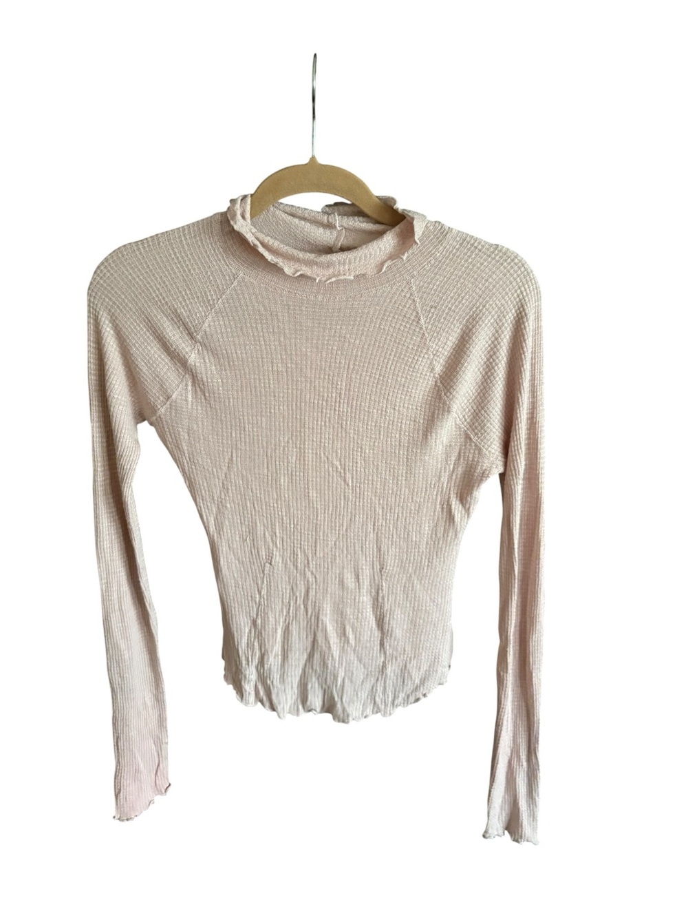Free People Intimately Pink Ribbed Lettuce Hem Mock Neck Thermal Top